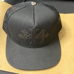 Chrome Hearts Black Leather Triple Cross Trucker Hat